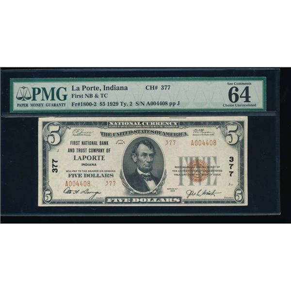 1929 $5 La Porte IN National PMG 64EPQ