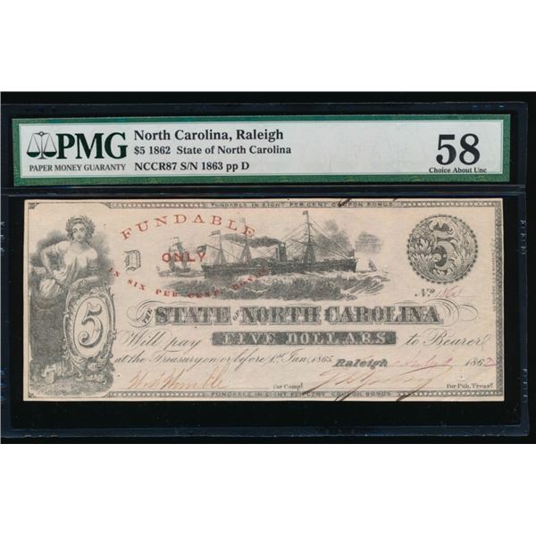 1862 $5 Raleigh NC Obsolete Note PMG 58