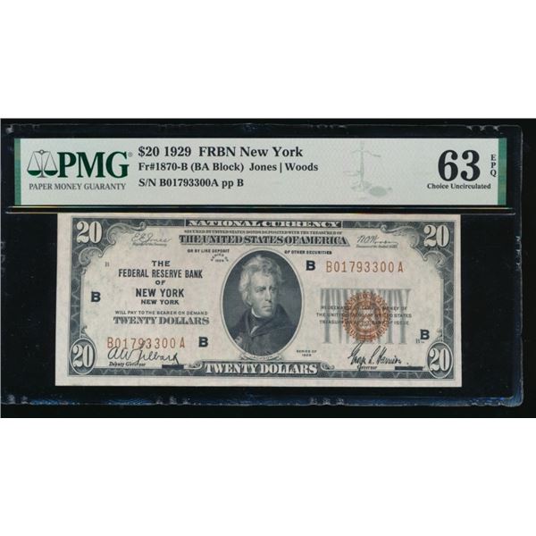 1929 $20 New York FRBN PMG 63EPQ