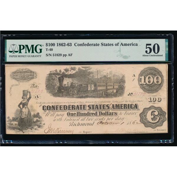 1862-63 $100 T-40 Confederate PMG 50