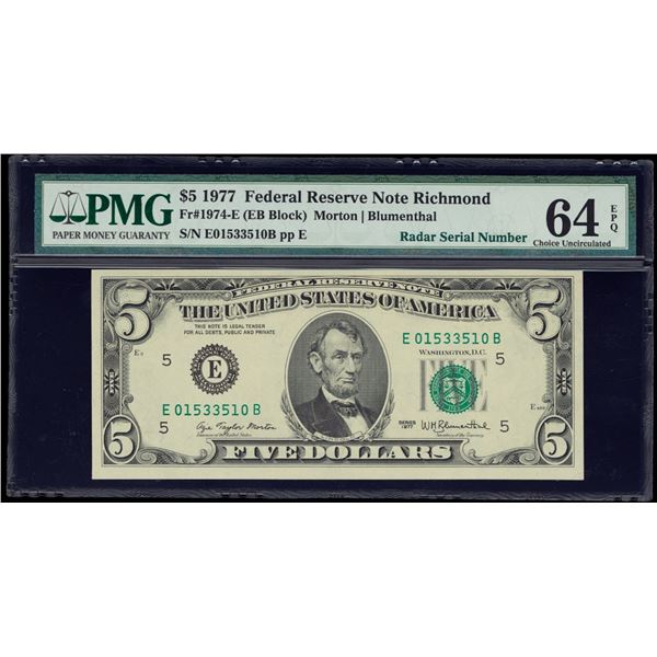 1977 $5 Radar Serial Richmond FRN PMG 64EPQ