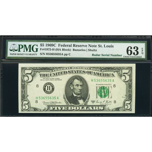 1969C $5 Radar Serial St Louis FRN PMG 63EPQ