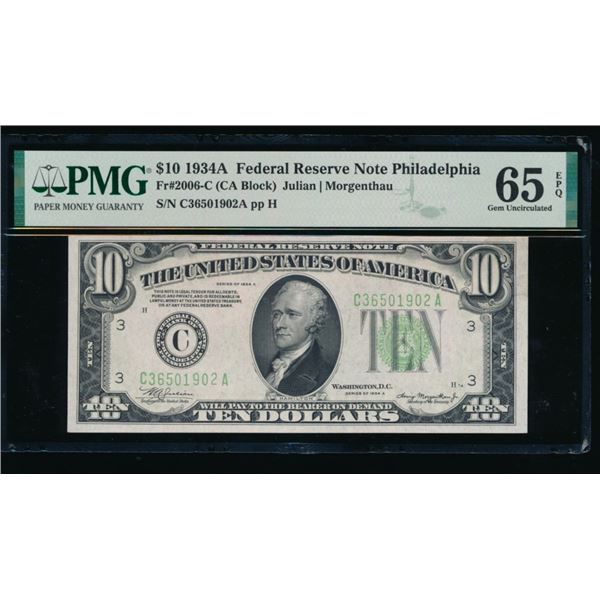 1934A $10 Philadelphia FRN PMG 65EPQ