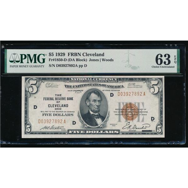 1929 $5 Cleveland FRBN PMG 63EPQ