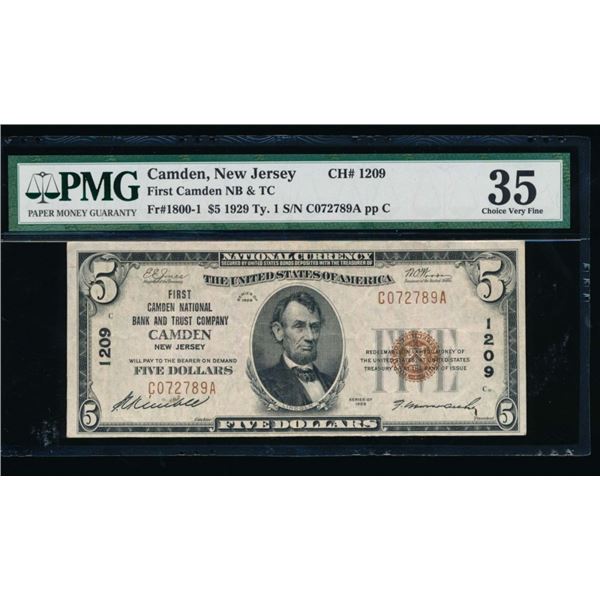 1929 $5 Camden NJ National PMG 35