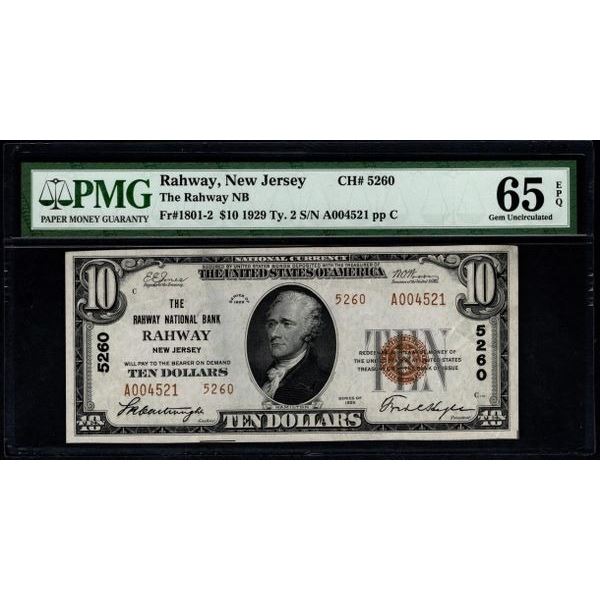 1929 $10 Rahway NJ National Bank Note PMG 65EPQ