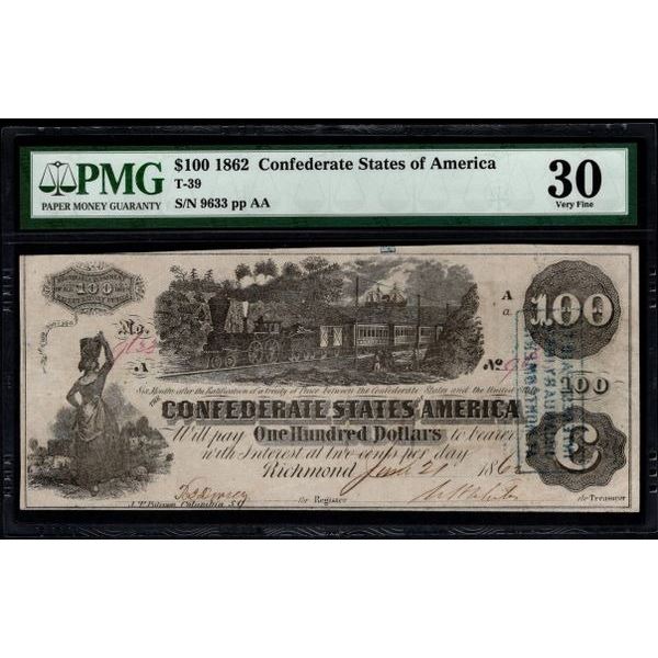 1862 $100 T-39 Confederate PMG 30