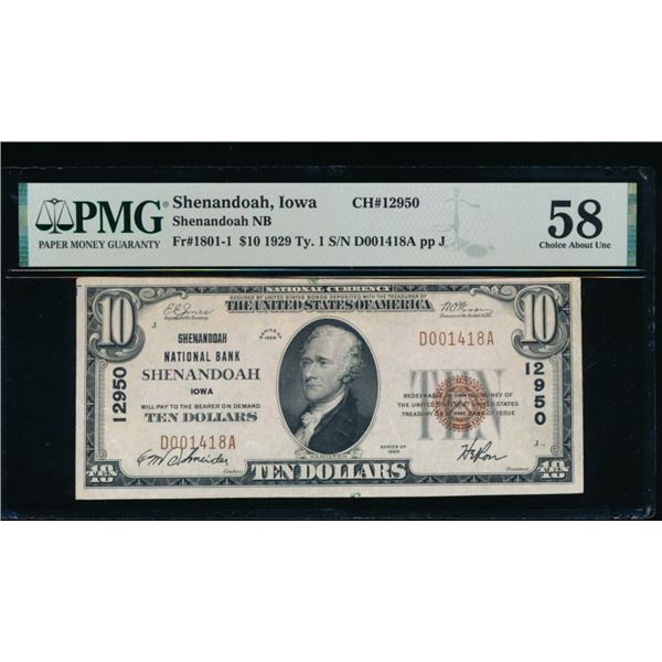 1929 $10 Shenandoah IA National PMG 58