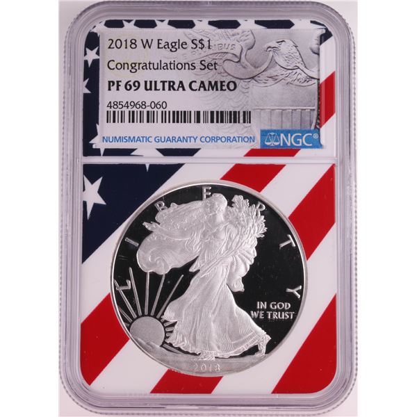 2018-W $1 Proof American Silver Eagle Coin NGC PF69 Ultra Cameo Congratulations Flag