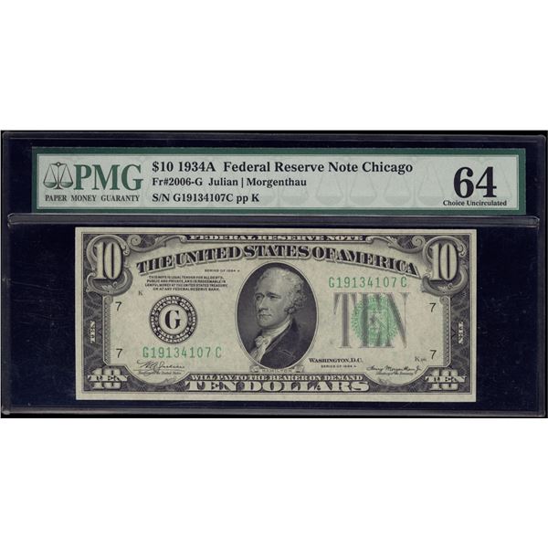 1934A $10 Chicago FRN PMG 64