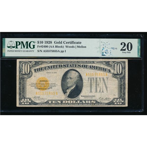 1928 $10 Gold Certificate PMG 20