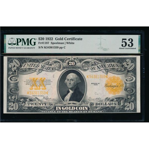 1922 $20 Gold Certificate PMG 53