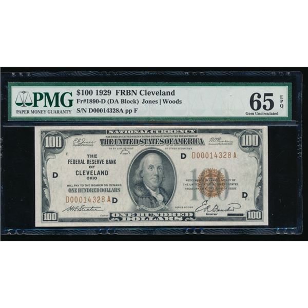 1929 $100 Cleveland FRBN PMG 65EPQ