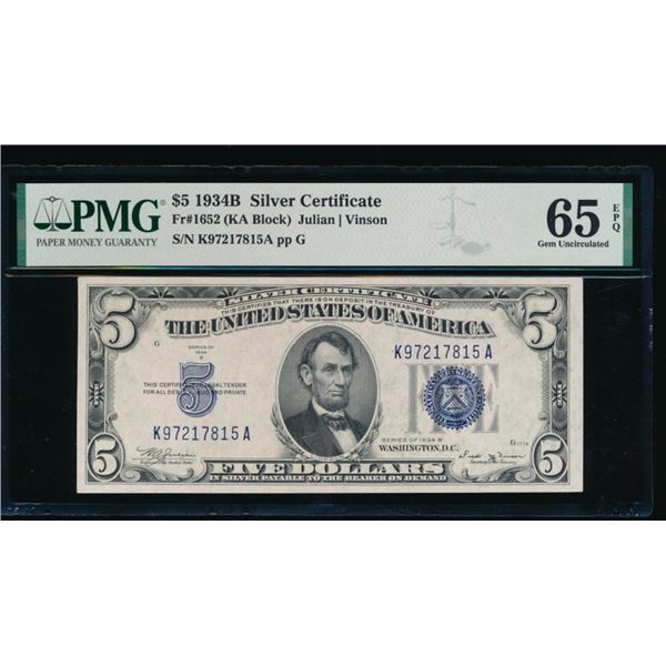 1934B $5 Silver Certificate PMG 65EPQ