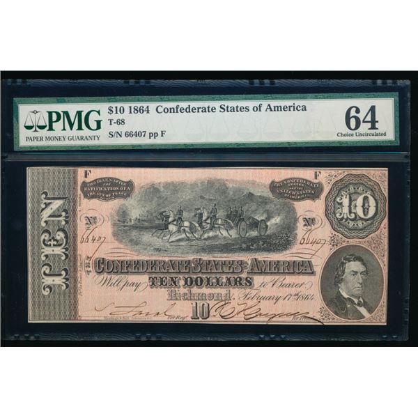 1864 $10 T-68 Richmond Confederate PMG 64