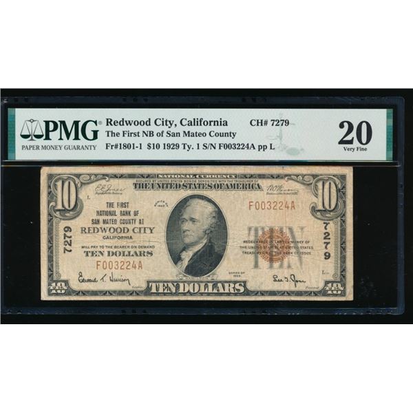 1929 $10 Redwood City CA National PMG 20