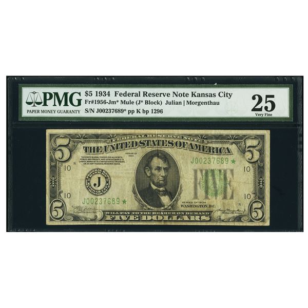 1934 $5 STAR Mule Kansas City FRN PMG 25