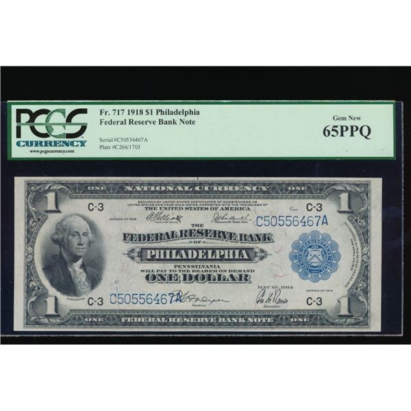 1918 $1 Philadelphia FRBN PCGS 65PPQ