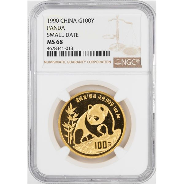 1990 Small Date China 100 Yuan Gold Panda Coin NGC MS68