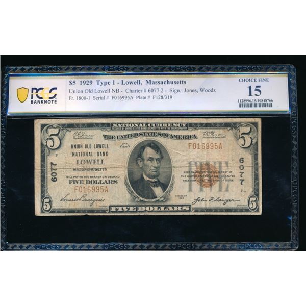 1929 $5 Lowell MA National PCGS 15