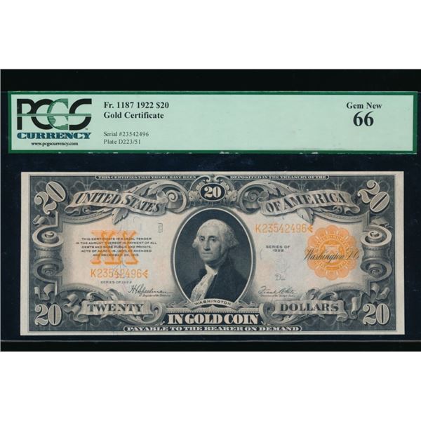 1922 $20 Gold Certificate PCGS 66