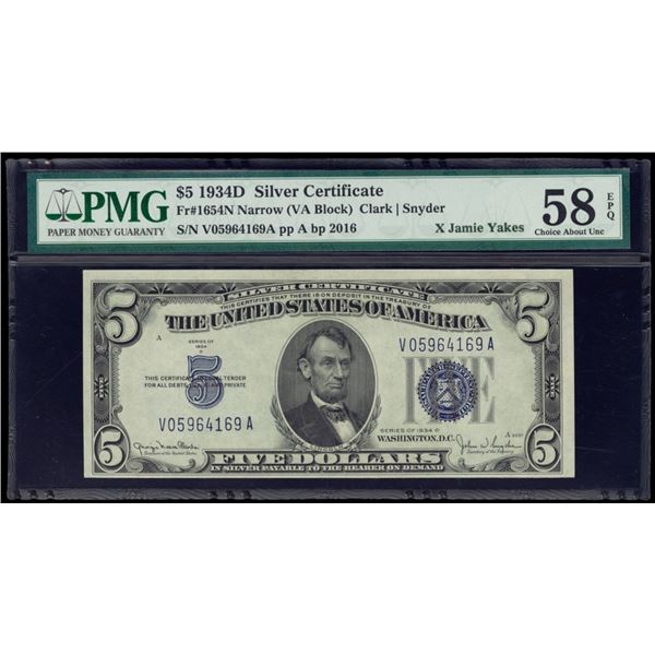 1934D $5 Silver Certificate PMG 58EPQ