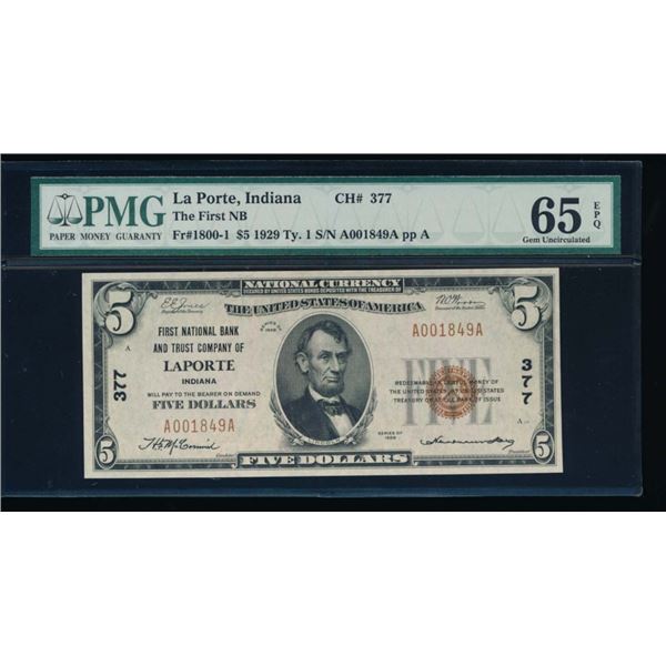 1929 $5 LA Porte IN National PMG 65EPQ