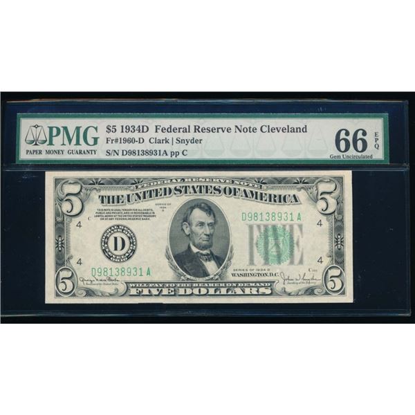 1934D $5 Cleveland FRN PMG 66EPQ