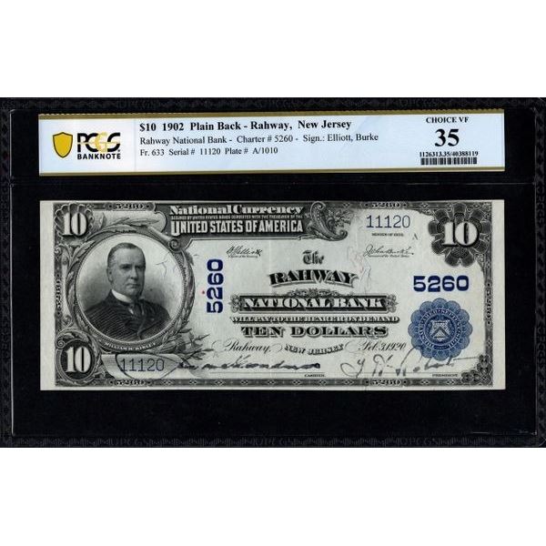 1902 $10 Rahway NJ National Bank Note PCGS 35