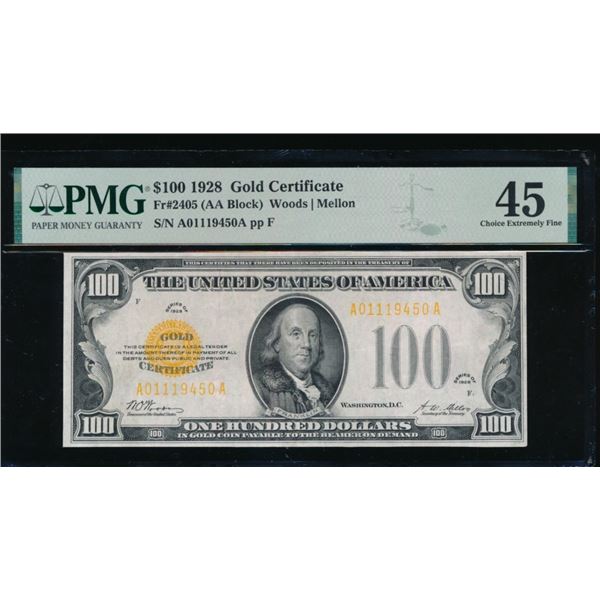 1928 $100 Gold Certificate PMG 45