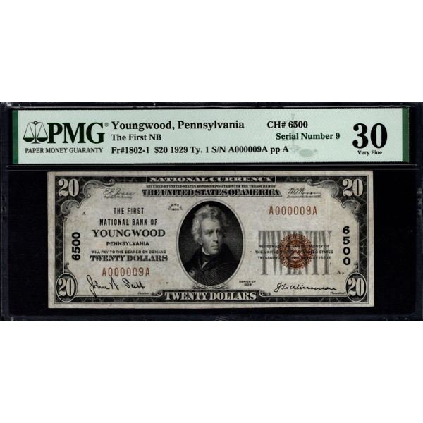 1929 $20 Low Serial Youngwood PA National PMG 30