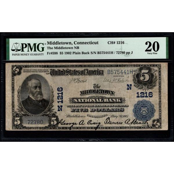 1902 $5 Middletown CT National PMG 20