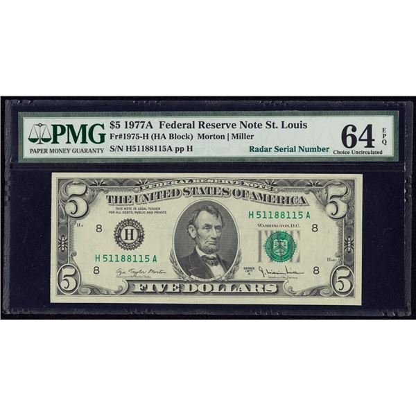 1977A $5 Radar Serial  St Louis FRN PMG 64EPQ