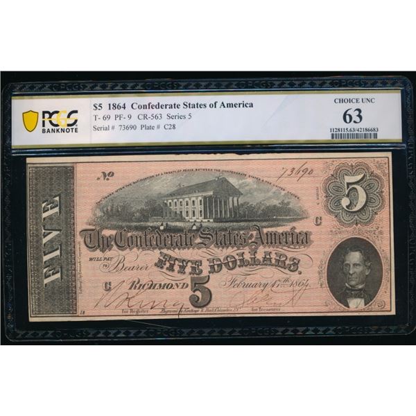 1864 $5 T-69 Confederate PCGS 63