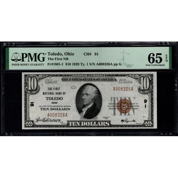 1929 $10 Toledo OH National PMG 65EPQ