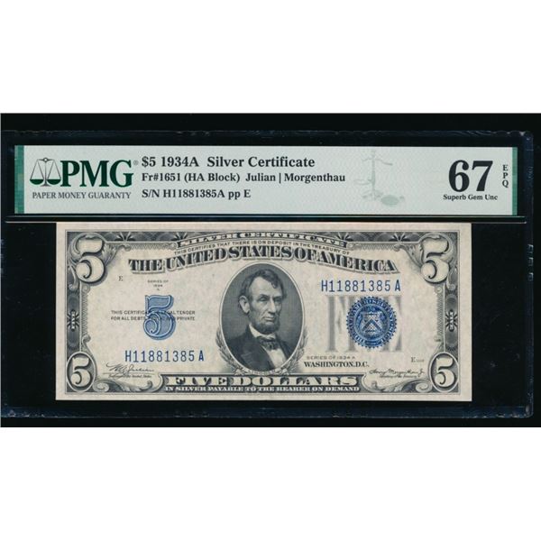 1934A $5 Silver Certificate PMG 67EPQ