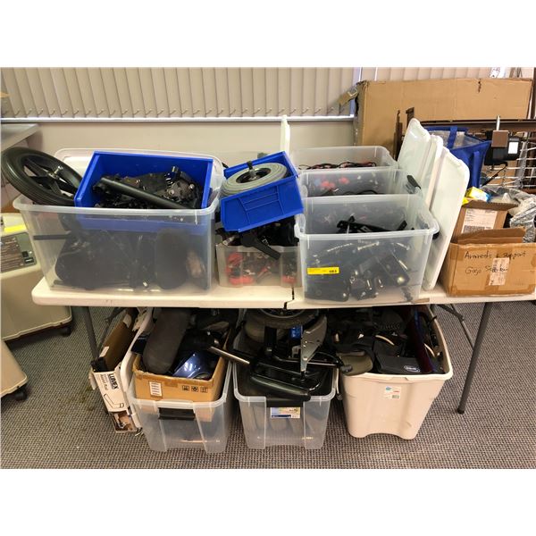 Large group of boxes filled w/ assorted medical assist scooter & wheelchair parts & accessories