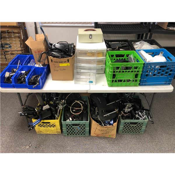 Large group of boxes filled w/ assorted medical assist scooter & wheelchair parts & accessories