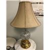 Image 2 : Group of decorative accent pcs. - 2 white onyx side tables/ pedestal ash tray & crystal table lamp