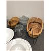 Image 2 : Group of decorative household items - 2 wicker baskets w/ metal stands/ 2 lidded glass jars/ 2 white
