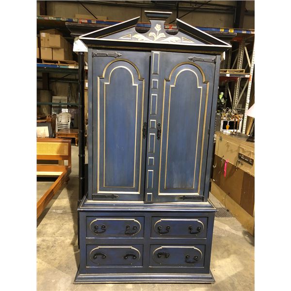 Antique approx. 7ft tall wardrobe/ storage cabinet painted blue w/ silverish trim & rot iron accents