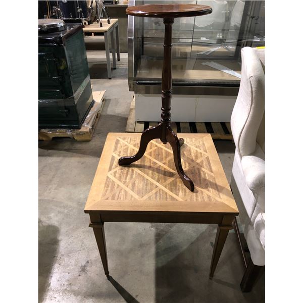 Square mahogany end table & single pedestal mahogany wine table