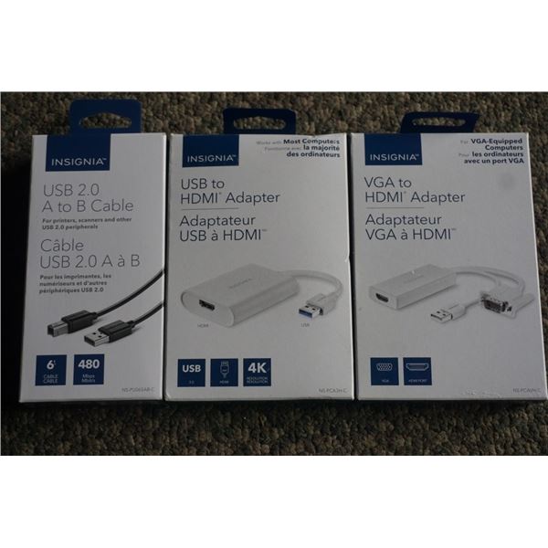 NEW INSIGNIA USB TO 4K HDMI ADAPTER, VGA/USB TO HDMI ADAPTER AND USB 2.0 A TO B CABLE - RETAIL $145
