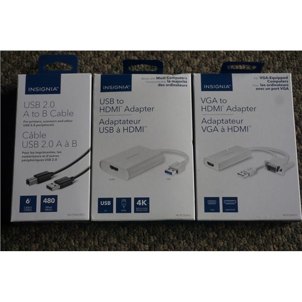 NEW INSIGNIA USB TO 4K HDMI ADAPTER, VGA/USB TO HDMI ADAPTER AND USB 2.0 A TO B CABLE - RETAIL $145