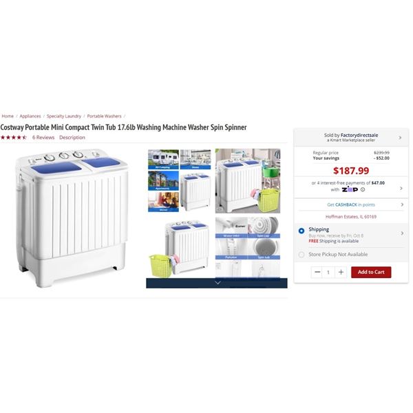 COSTWAY PORTABLE MINI COMPACT WASHING MACHINE TWIN TUB RETAIL $187.99 USD