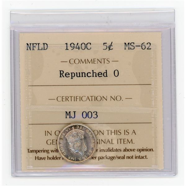 Newfoundland 1940C Five Cents - Repunched 0