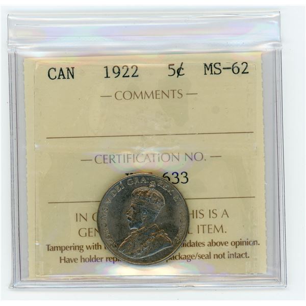 1922 Five Cents - Far Rim