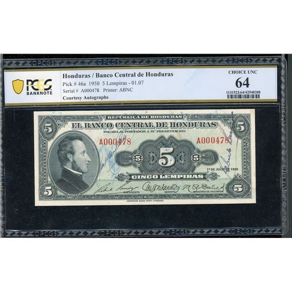 Honduras 5 Lempiras 1950, A Superb Central Bank Memento