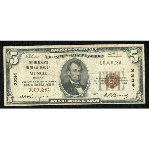 United States $5, 1929 Merchants National Bank of Muncie