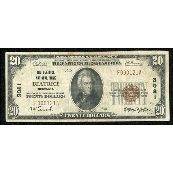 United States $20, 1929 Beatrice National Bank